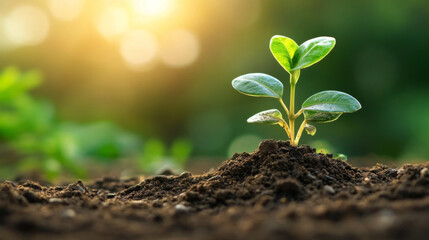 Sprouting plant seedling with green leaves emerging from soil under natural sunlight