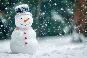 A cheerful snowman stands in a snowy landscape, surrounded by falling snowflakes.