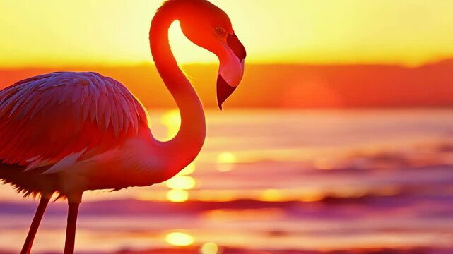 flamingo standing gracefully by the ocean during sunset, silhouetted against the vibrant orange and pink sky