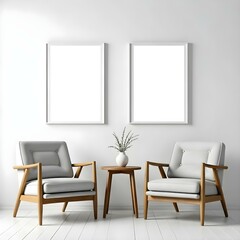Two gray armchairs with wooden frames, a small wooden table between them, and two blank white frames on the wall above.