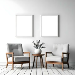 Two gray armchairs with wooden frames, a small wooden table between them, and two blank white frames on the wall above.