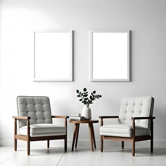 Two gray armchairs with wooden frames, a small wooden table between them, and two blank white frames on the wall above.
