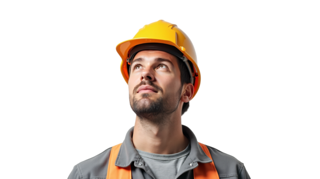  Portrait of a Construction Site Worker Looking Up, Focused and Determined on Transparent Background (PNG).