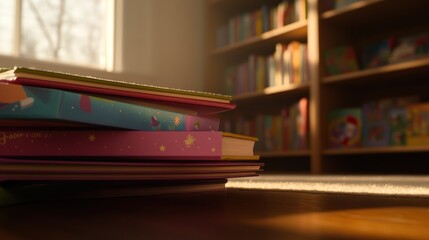 A stack of colorful children's books on a wooden floor with a bookshelf in the background.