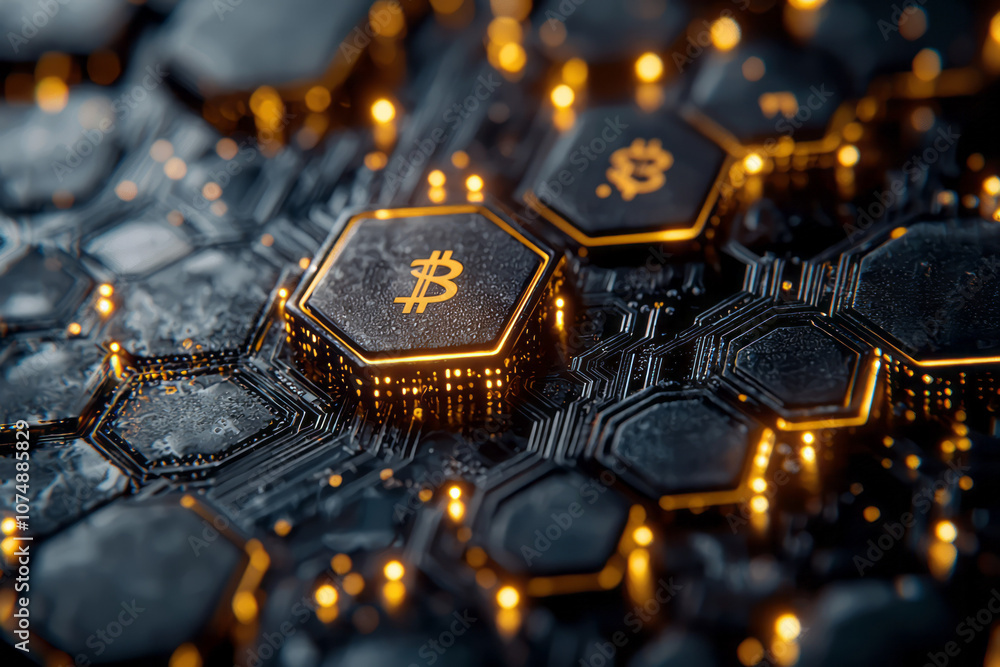 Aufkleber Clean, modern cryptocurrency backdrop with coin symbols and hexagonal patterns, creating a sleek digital aesthetic,