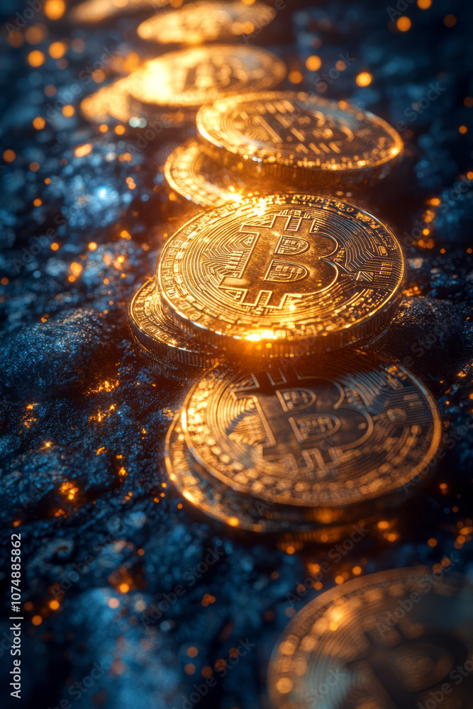Poster graphic pattern of crypto coins, blockchain connections, and soft lights, capturing the futuristic e