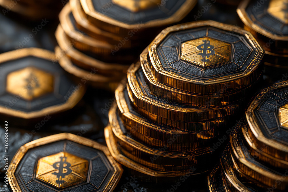 Poster Clean, modern cryptocurrency backdrop with coin symbols and hexagonal patterns, creating a sleek digital aesthetic,