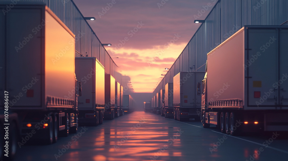 Aufkleber minimal 3d render of distribution center with trucks ready for loading and delivery at sunset