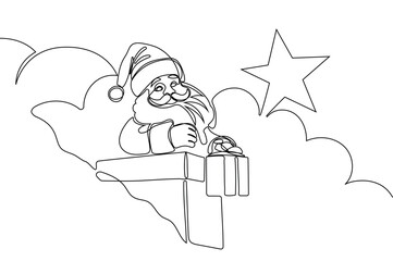 One continuous line drawing Santa Claus on reindeer and sled. concept for Christmas and New Year. vector illustration. Vector illustration
