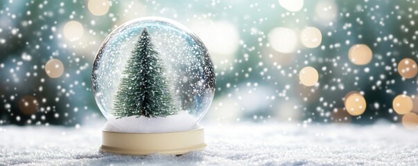 A snow globe featuring a miniature Christmas tree amidst falling snowflakes.