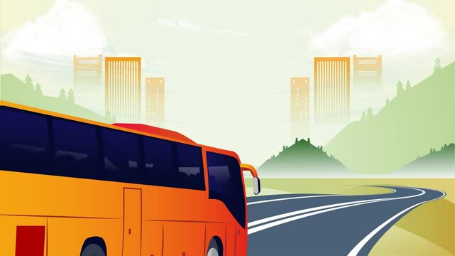 Back View of Bus Driving into City &ndash; Seamless Urban Animation Loop