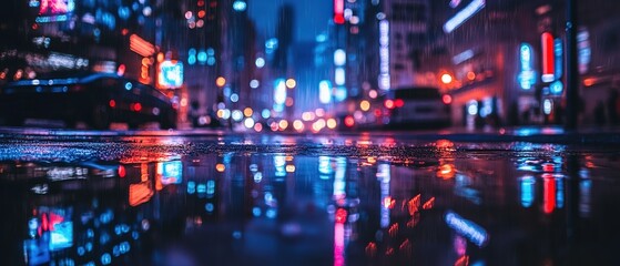 Fototapeta premium Nighttime cityscape featuring vibrant reflections of neon lights on wet pavement in an urban environment