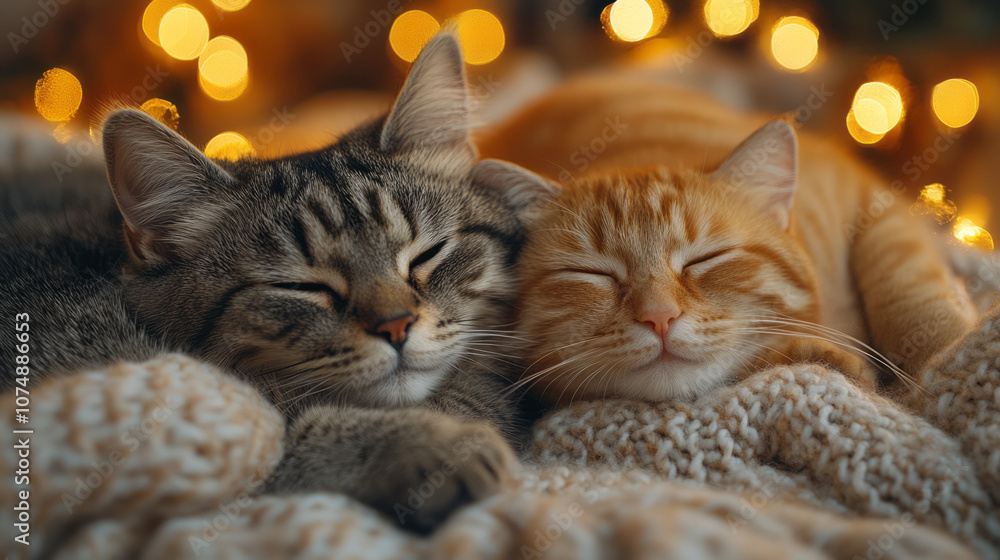 Poster holiday setting with two affectionate animals, captured in a wide shot with gentle light and cozy co