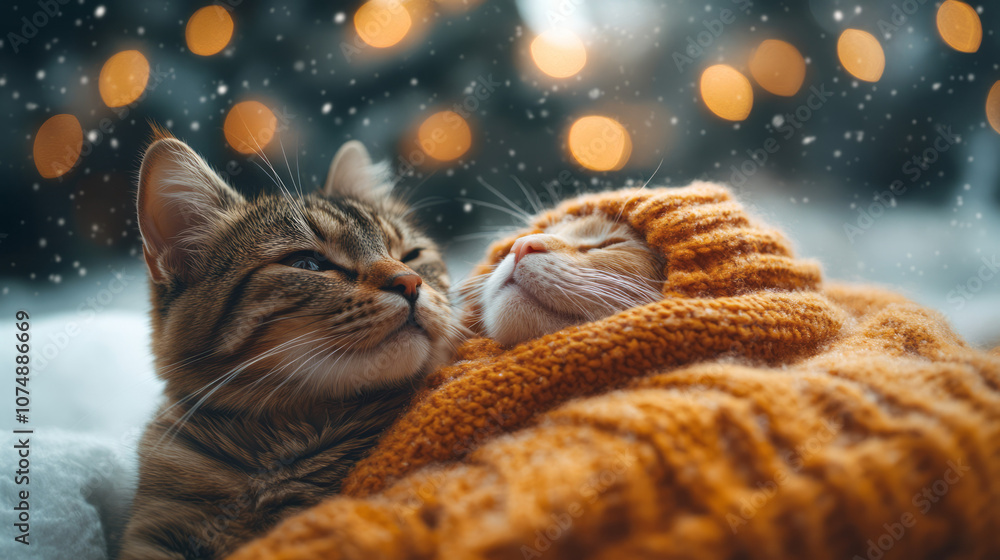 Poster holiday setting with two affectionate animals, captured in a wide shot with gentle light and cozy co