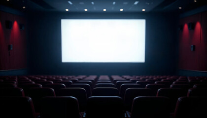 An empty cinema hall with rows of seats, a large white screen, and subtle lighting, ideal for advertising.

