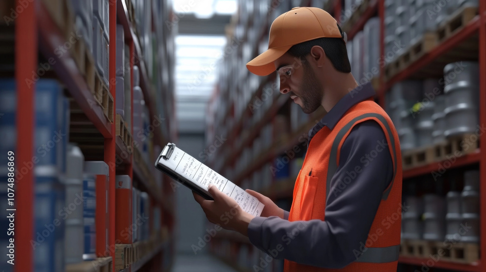 Aufkleber warehouse worker checking inventory for dates before distribution