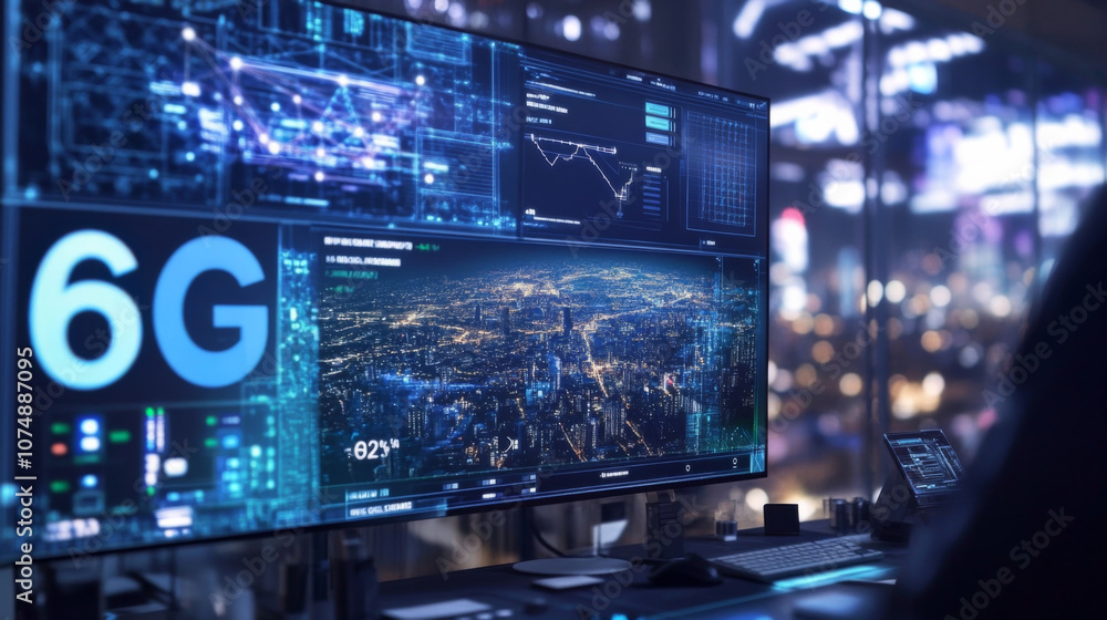 Poster dynamic 6g smart city control screen monitoring real-time sensors and infrastructure
