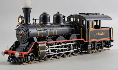 Obraz premium A black steam locomotive with red accents is ready to chug along the tracks