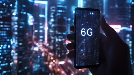 Smartphone Display 6G Connectivity in Advanced Smart City Skyline at Night