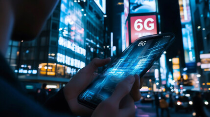 Glowing 6G Symbol on Smartphone in Futuristic Smart City Nightscape