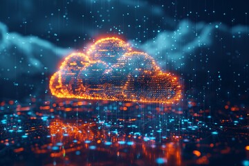 A vibrant cloud made of glowing particles hovers above a reflective surface, illuminated by neon lights against a dark night sky, creating a futuristic atmosphere with a sense of depth