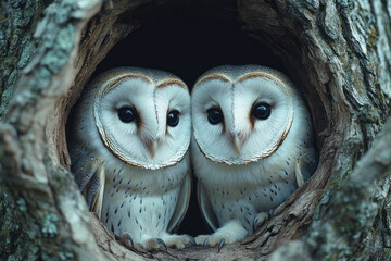 Romantic Christmas scene of two barn owls nestled in an oak, with a wide-angle composition and soft, harmonious lighting,