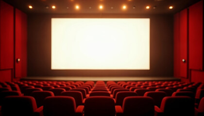 Fototapeta premium An empty cinema hall with rows of seats, a large white screen, and subtle lighting, ideal for advertising.