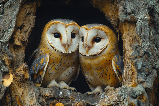 Romantic Christmas scene of two barn owls nestled in an oak, with a wide-angle composition and soft, harmonious lighting,