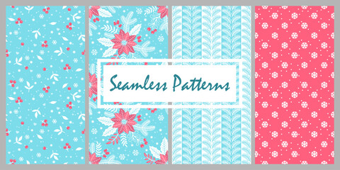 Hand drawn seamless pattern of Christmas design with holly leaves, poinsettia and Christmas tree branches. Set of fashion print for background, holiday design, wallpaper, fabric