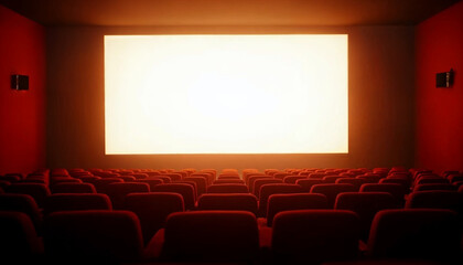 Fototapeta premium An empty cinema hall with rows of seats, a large white screen, and subtle lighting, ideal for advertising.