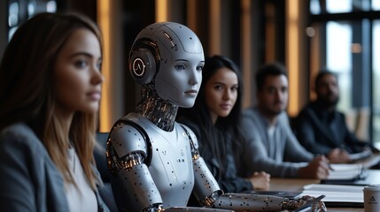 AI-powered humanoid robot engaged in a corporate meeting with diverse team members, symbolizing AI governance, ethics in artificial intelligence, and future collaboration in technology.