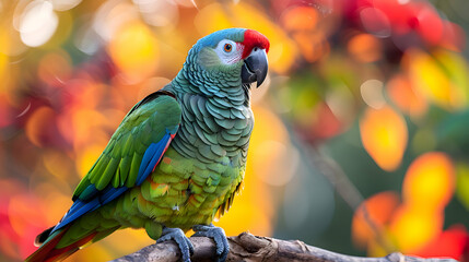 Obraz premium Amazon Red-fan Parrot perched on a branch, its vibrant feathers fanned out