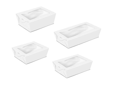 Paperboard takeout food box with clear plastic window. 3d mockup set. White blank paper take away transparent lid salad container. Realistic vector mock-up. Take out lunch package. Template for design