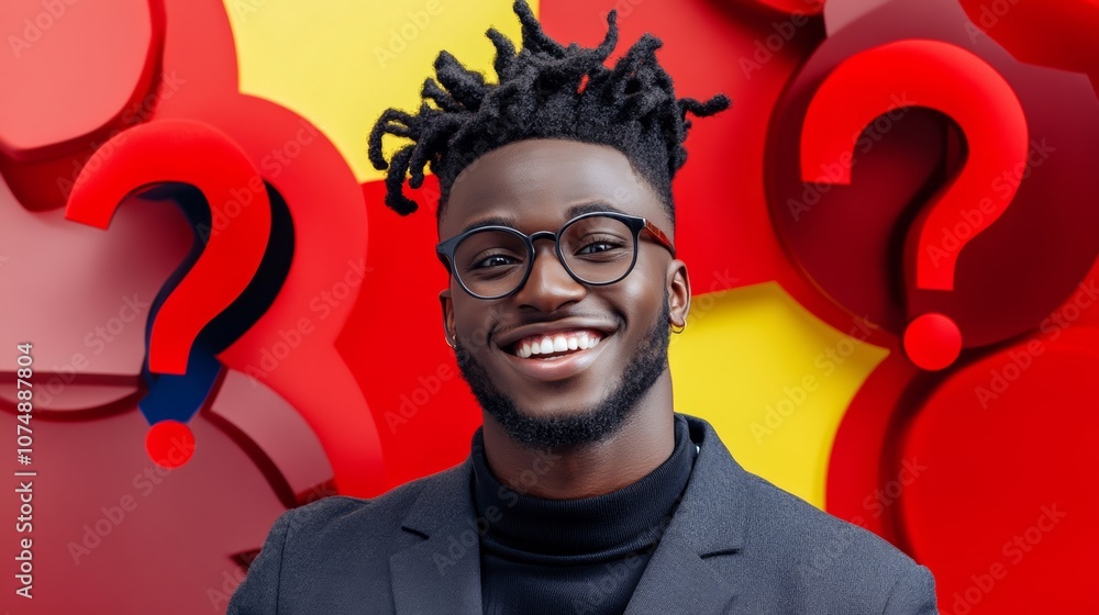 Poster man with a big smile on his face is in front of a red background with a question mark
