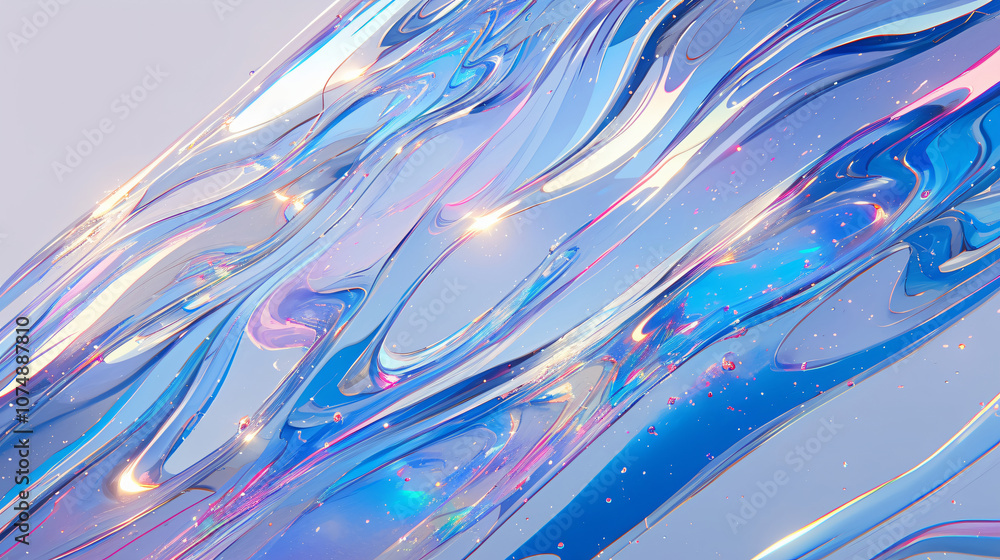 Poster an abstract artwork featuring swirling, glossy shapes in shades of blue and silver, creating a dynam