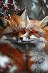 Fototapeta premium Expansive, warmly lit shot of foxes touching heads in an oak, with soft red and green highlights for a festive feel,