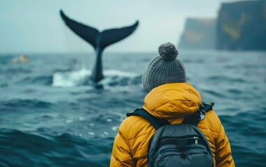 Obraz premium Amazed person seeing whale tail in Patagonia, Canada or Antarctica, back view, copy space. Bucket list lifestyle, epic wanderlust adventure, must see, experiences, daring dream, thrill seeking concept