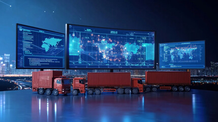 Logistics Team Analyzing Distribution Data and Optimizing Strategies on Multiple Digital Screens