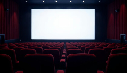 An empty cinema hall with rows of seats, a large white screen, and subtle lighting, ideal for advertising.

