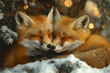 Fototapeta premium Beautiful wide-angle Christmas image of two foxes in an oak, gently touching heads in soft, warm light with cozy holiday colors,