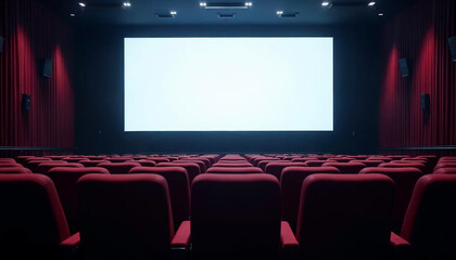 Fototapeta premium An empty cinema hall with rows of seats, a large white screen, and subtle lighting, ideal for advertising.