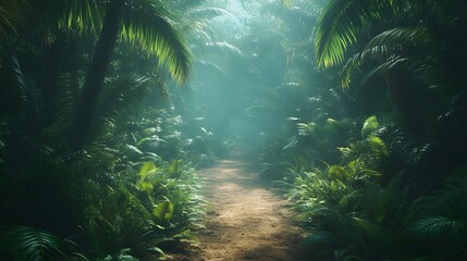Fototapeta premium Winding dirt trail through dense&nbsp;tropical rainforest with palm trees and ferns, featuring misty atmosphere and natural sunlight filtering through canopy.