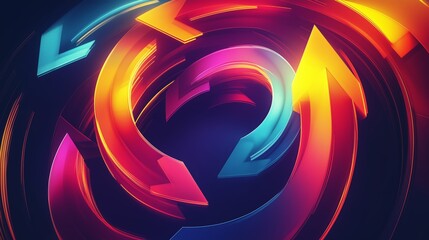 Colorful rotating arrows representing trend reversal and stock market cycles, symbolizing concepts of growth, decline, and economic cycles in a dynamic abstract design.