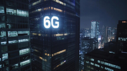 Illuminated 6G Text on Smart City Skyscraper Showcasing Futuristic Urban Connectivity