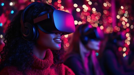 fun and immersive VR Christmas party with friends, where they explore a holiday-themed virtual world, playing games and enjoying a high-tech festive experience.