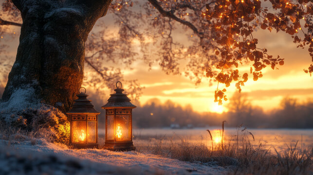 Softly lit Christmas scene with two antique lanterns placed under an oak tree, edges touching, creating a cozy holiday atmosphere,