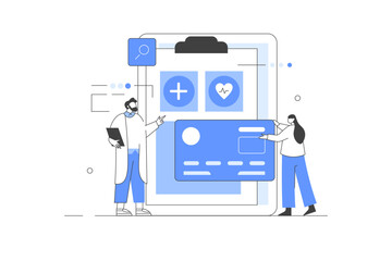 Health insurance. Doctor offering medical insurance policy contract. Patient holding insurance ID card. Healthcare, Medicine concept. Flat Cartoon Vector Illustration, icon. Stylish, Minimalist