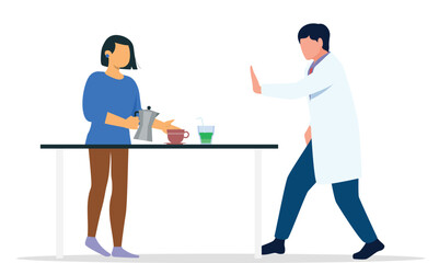 Doctor stop patient not to making tea for health hazard and hazardous food safety forbidding to eat, forbidding to drink doctor's prohibit to drink.Doctor advising patient to avoid drinking tea.