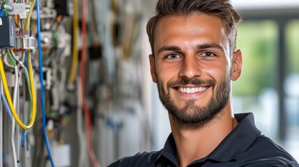 Fototapeta premium Man with a smile on his face is standing in front of a wall of electrical wires. He is wearing a blue shirt and he is a technician or electrician