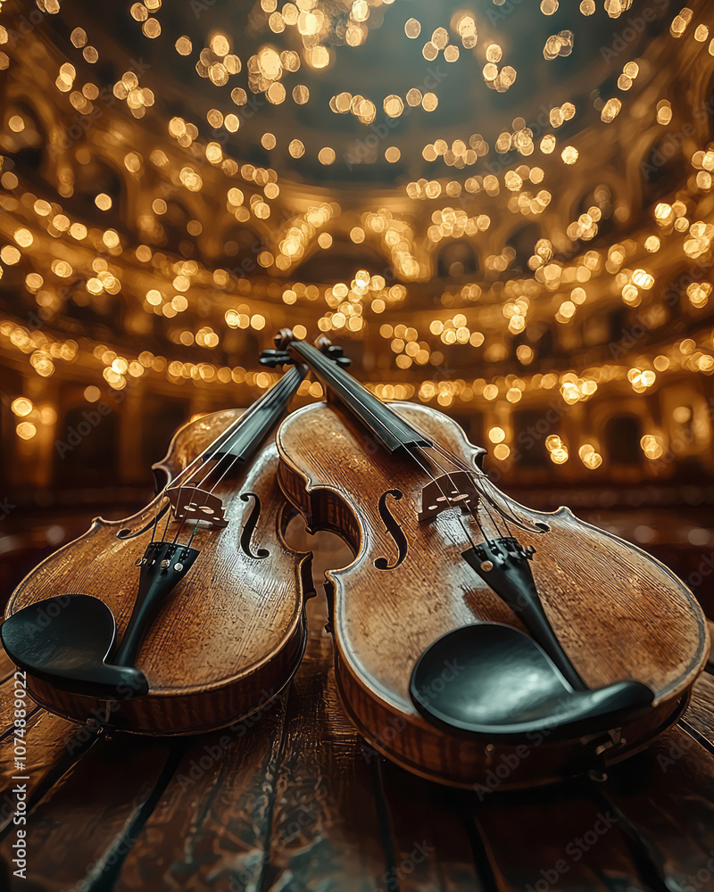 Poster retro theater scene with two violins lying crossed, illuminated by golden light, creating an atmosph